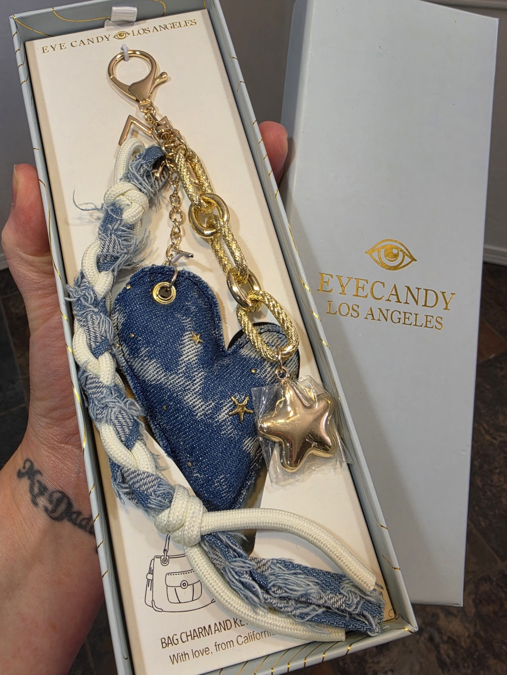 Eye Candy Los Angeles Denim Heart & Braid Bag Charm Key Ring - MSRP $42